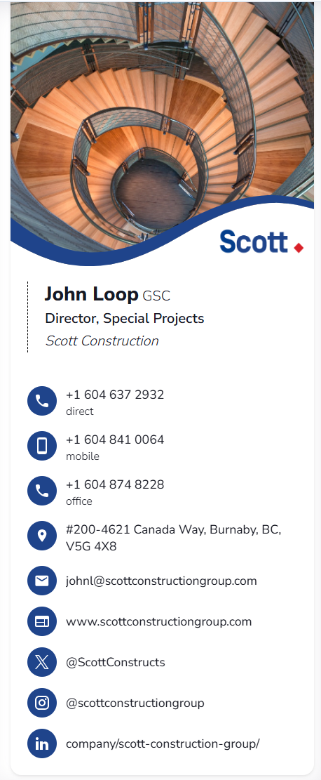 Scott logo beneath a curved blue border and spiral staircase photograph
